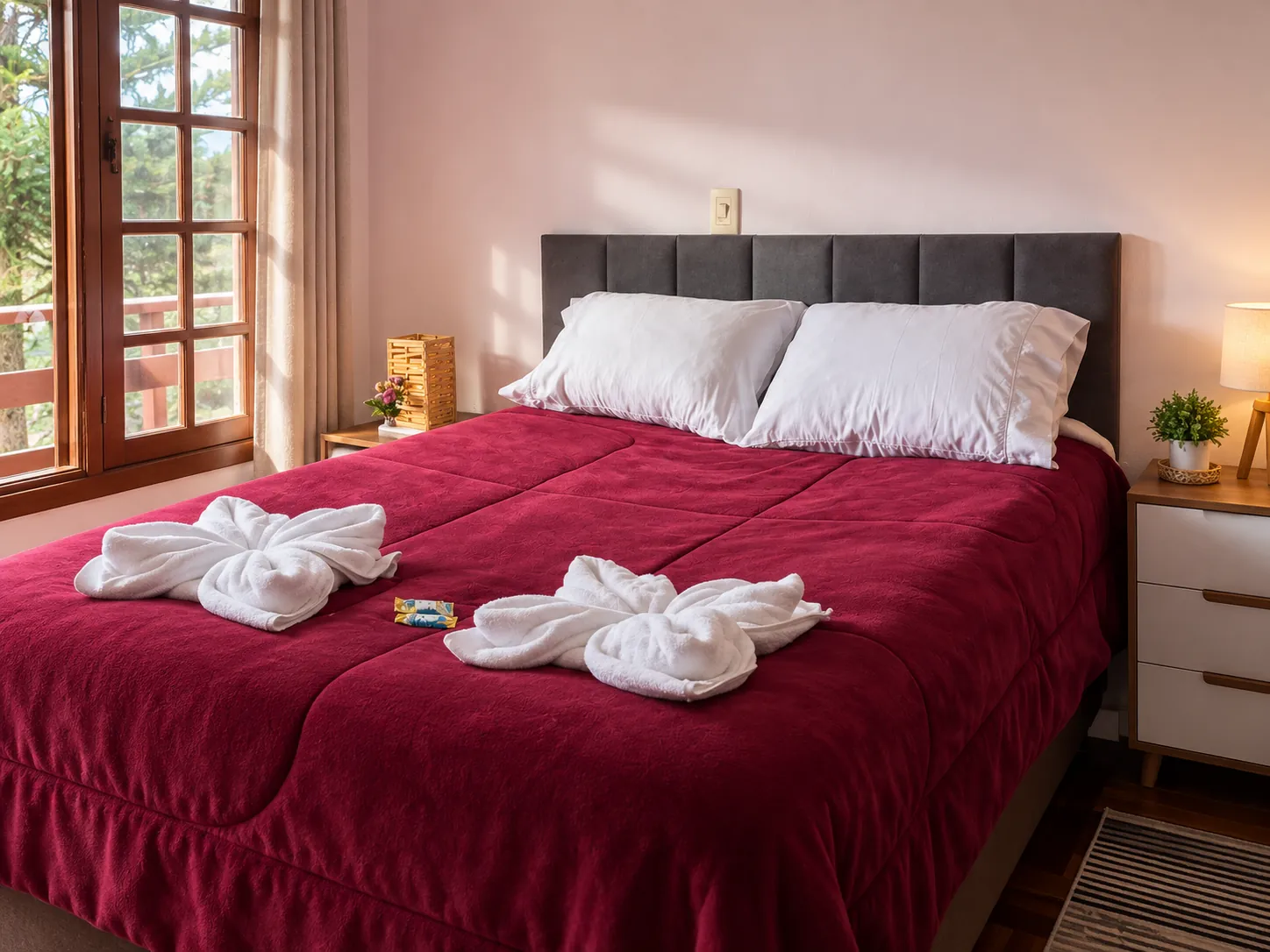 Quarto de casal com roupa de cama vermelha e toalhas dobradas