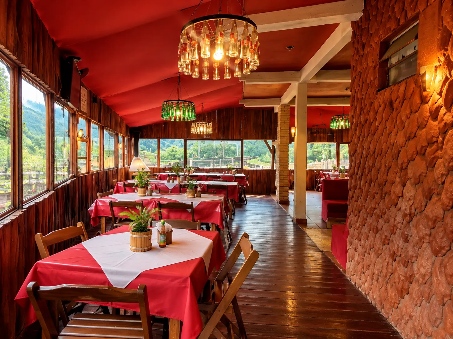 Salão do Restaurante Araucária com janelas para as montanhas